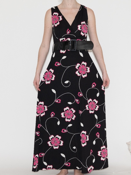 INC International Concepts Dresses & Skirts - Y2k black flower print maxi dress belted size XL INC polyester spandex